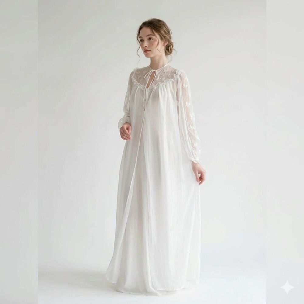 Vintage Faerie Surelock Butterfly Lace Peignoir Gown Sheer Nylon Ivory Small